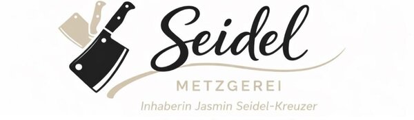 Bild vergr&ouml;&szlig;ern: Logo der Metzgerei Seidel in schwarz, beige; Schriftzug Seidel Metzgerei, Inhaberin Jasmin Seidel-Kreuzer, daneben ein schwarzes Hackebeil