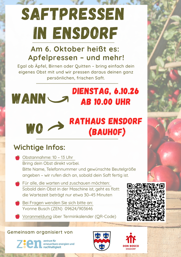 Bild vergr&ouml;&szlig;ern: Plakat zur Saftpressen in Ensdorf mit allen Informationen zum Event und QR-Code zur Anmeldung